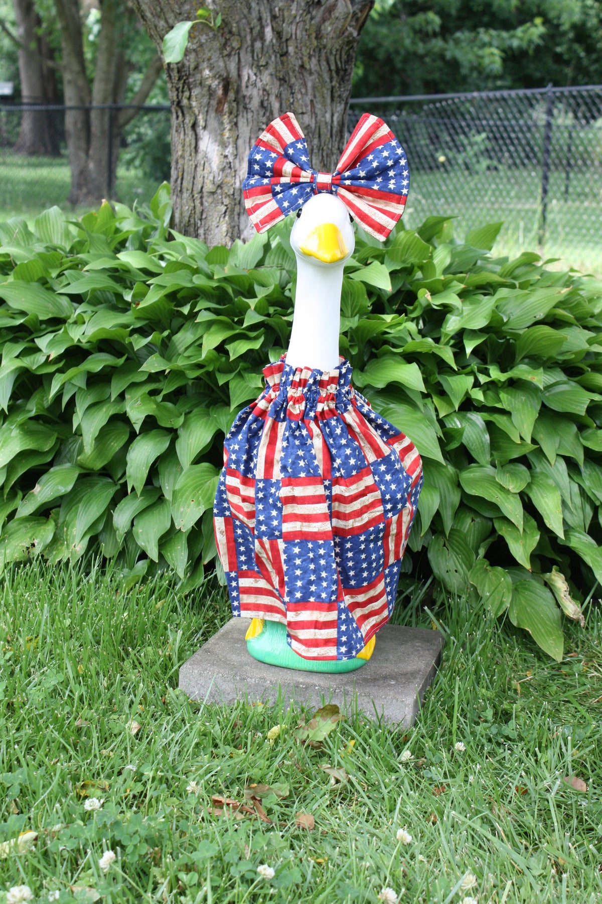 Patriotic Flag Squares porch goose outfit, outside view — handmade by The Cozy Daisy