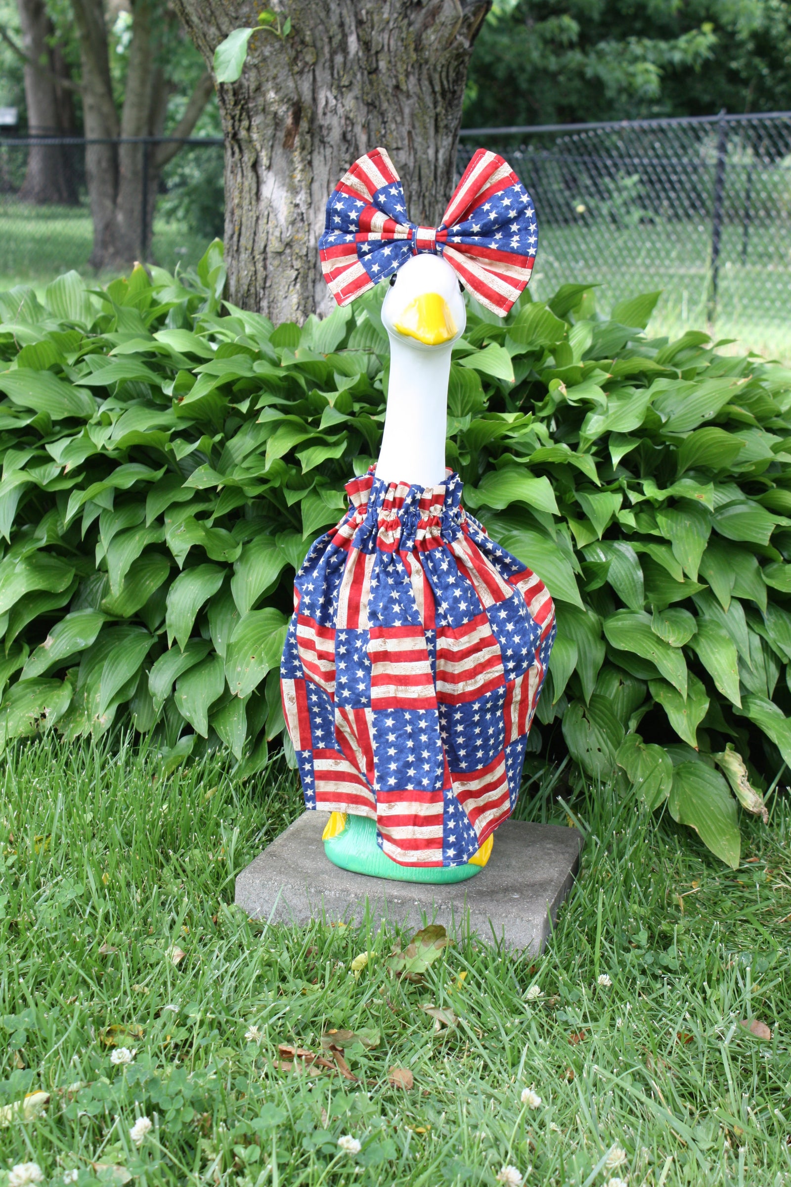Patriotic Flag Squares porch goose outfit, outside view — handmade by The Cozy Daisy