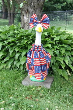 Patriotic Flag Squares porch goose outfit, outside view — handmade by The Cozy Daisy