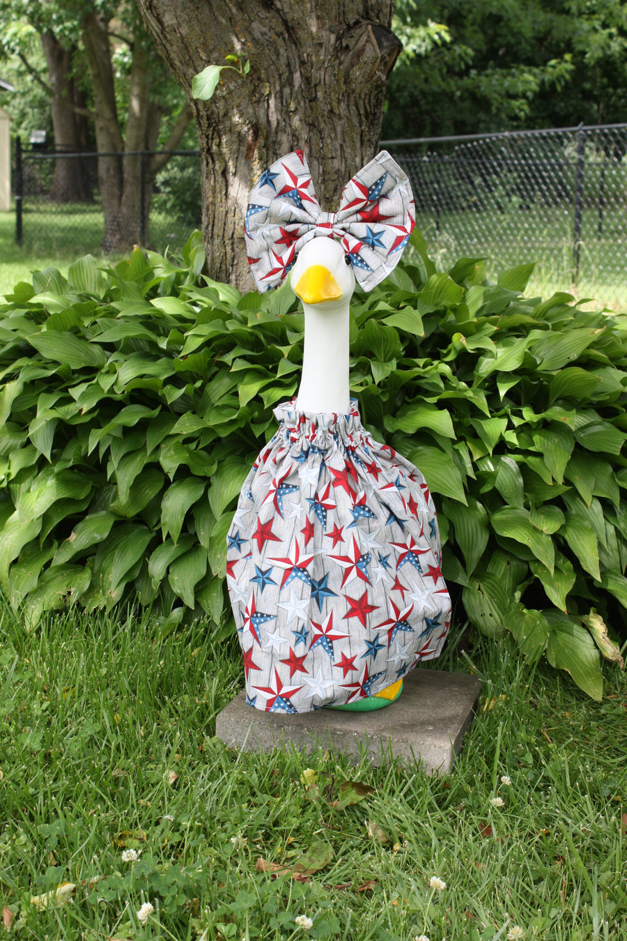 Patriotic Grey with Stars porch goose outfit, outside view — handmade by The Cozy Daisy