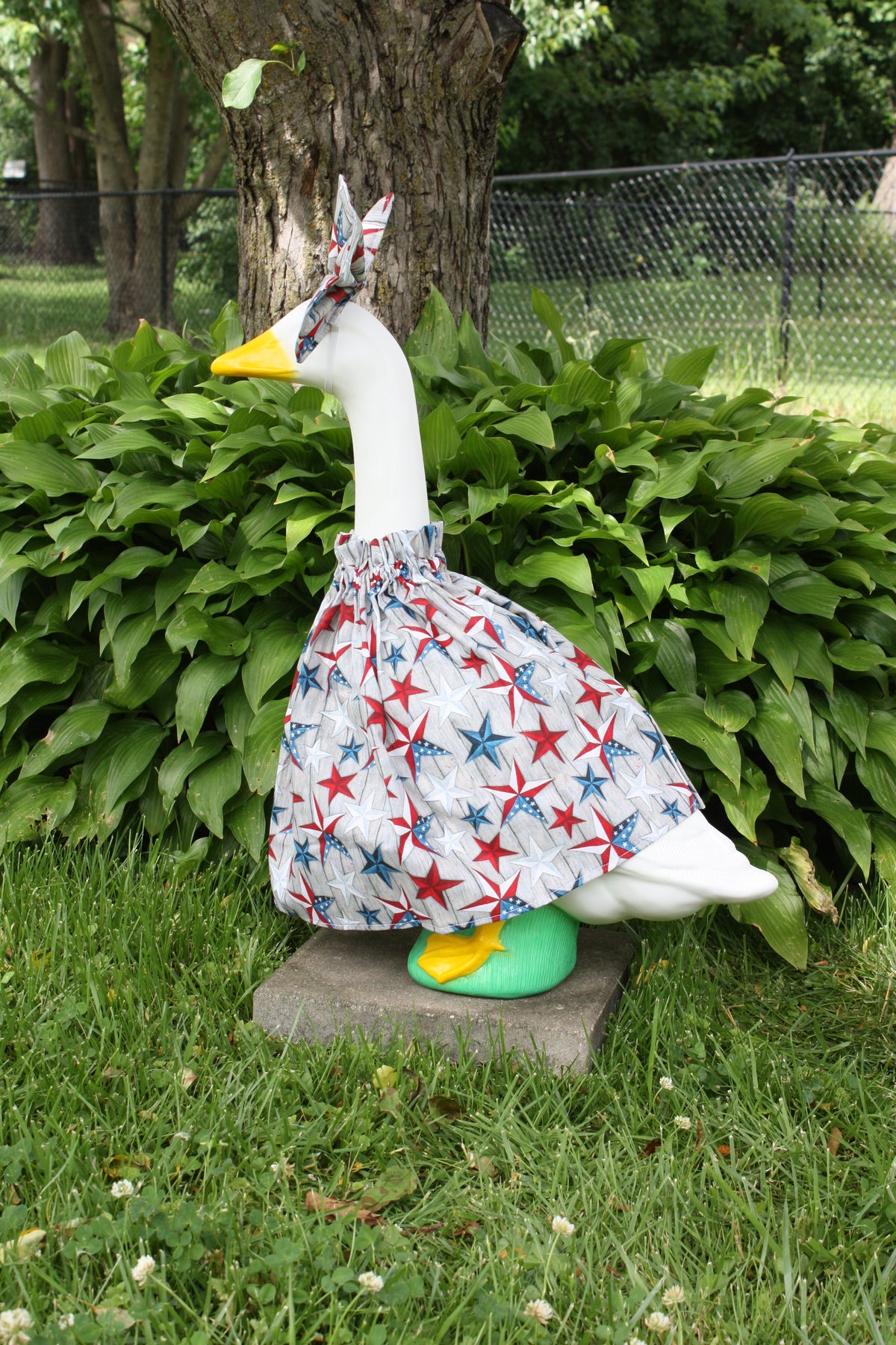 Patriotic Grey with Stars porch goose outfit, side view — handmade by The Cozy Daisy