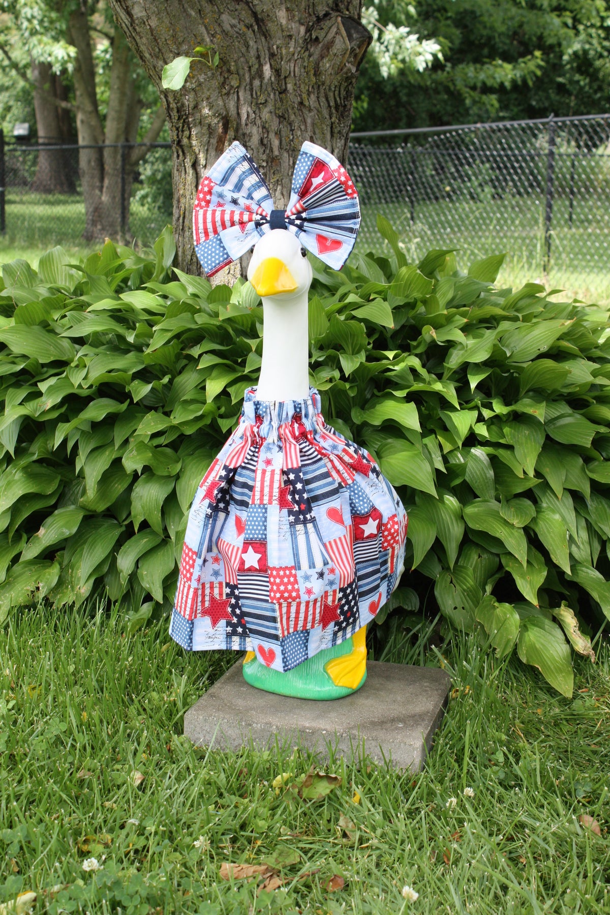 Patriotic Patchwork porch goose outfit, outside view — handmade by The Cozy Daisy