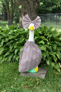 Patriotic Stripes porch goose outfit, outside view — handmade by The Cozy Daisy