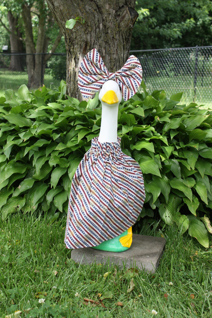 Patriotic Stripes porch goose outfit, outside view — handmade by The Cozy Daisy