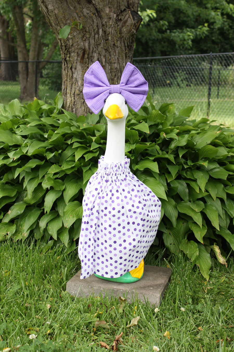 Purple Polka Dots porch goose outfit, outside view — handmade by The Cozy Daisy