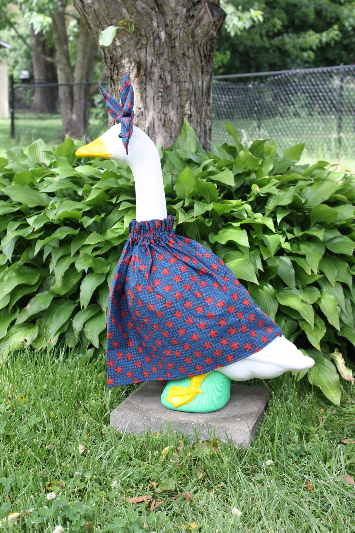 Blue & Red Stars porch goose outfit, side view — handmade by The Cozy Daisy