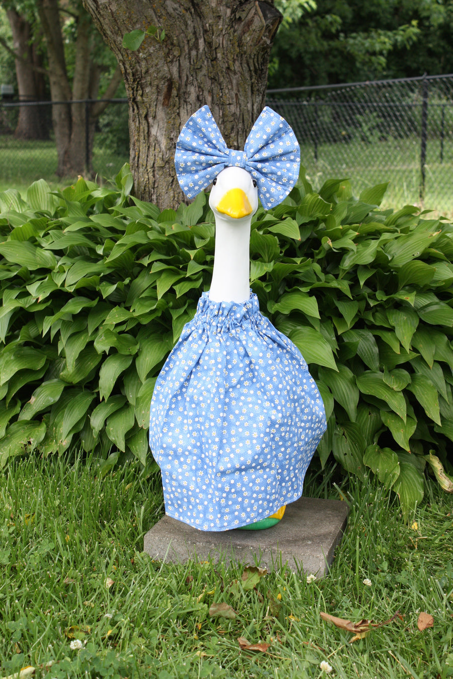 Blue & White Daisies porch goose outfit, outside view — handmade by The Cozy Daisy