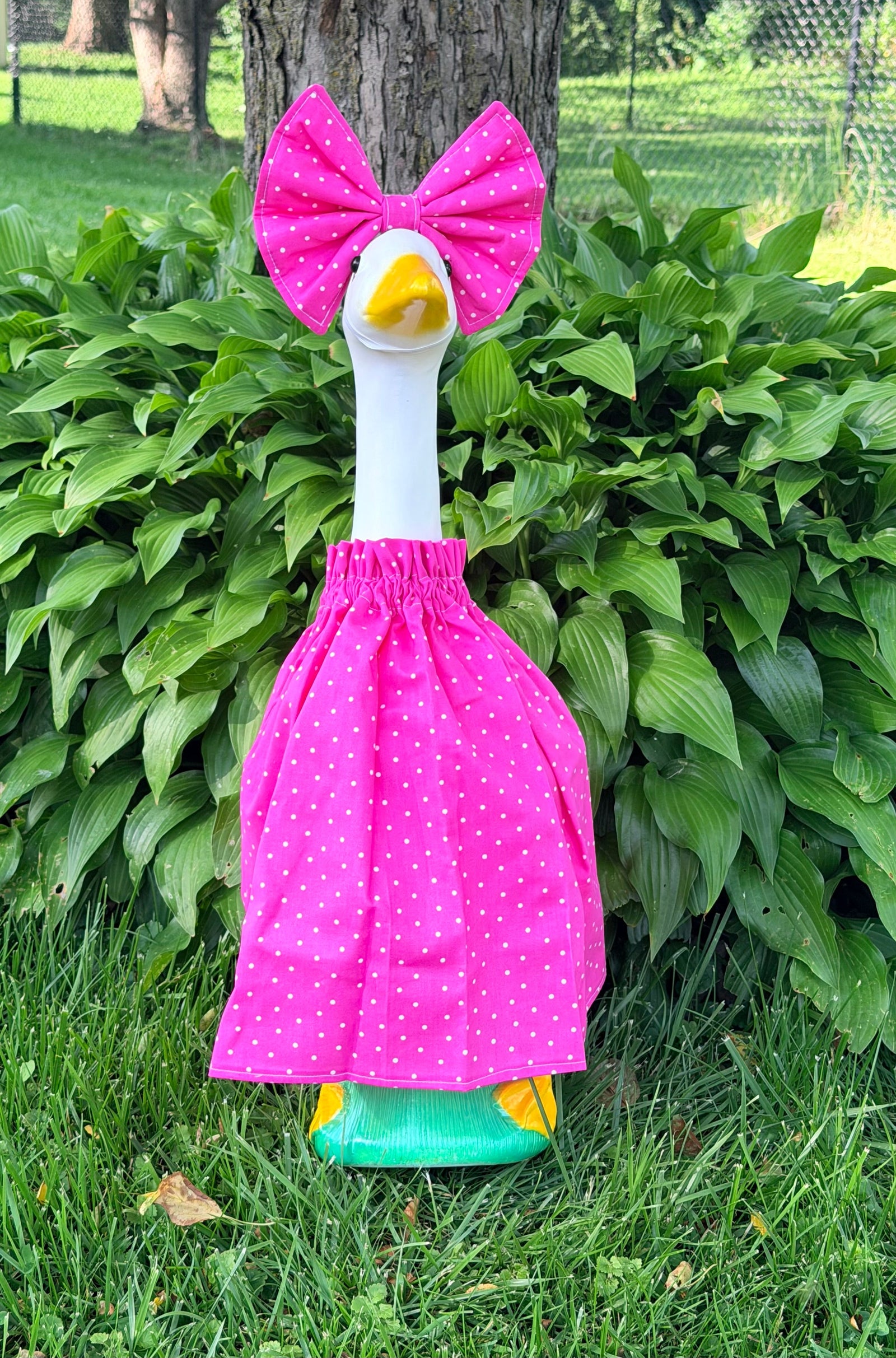 Pink & White Polka Dots porch goose outfit, outside view — handmade by The Cozy Daisy