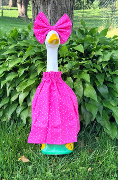 Pink & White Polka Dots porch goose outfit, outside view — handmade by The Cozy Daisy