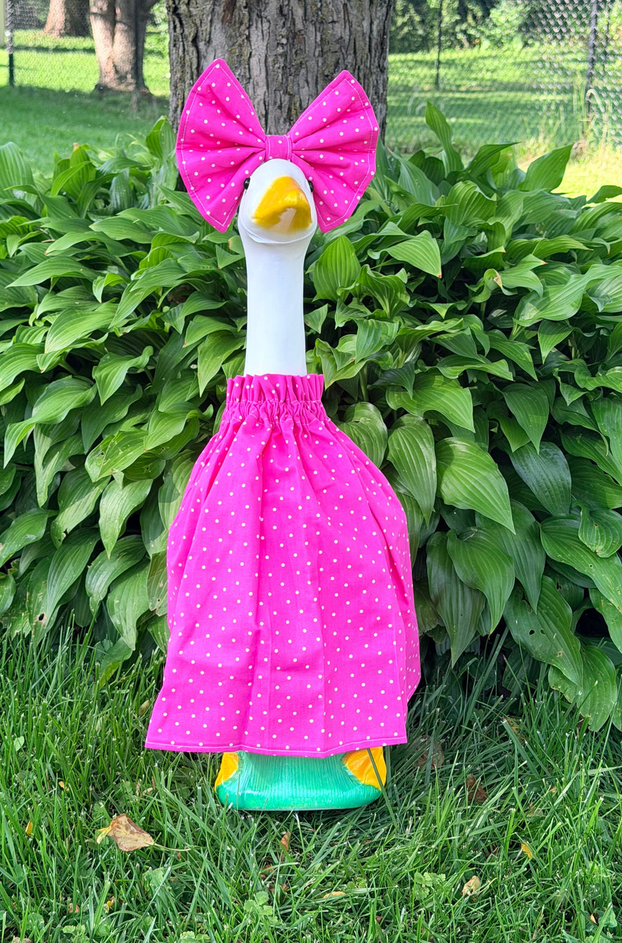 Pink & White Polka Dots porch goose outfit, outside view — handmade by The Cozy Daisy