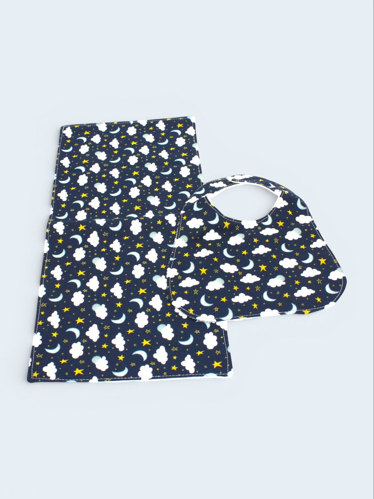 Dark Blue Sky bib and burp cloth set