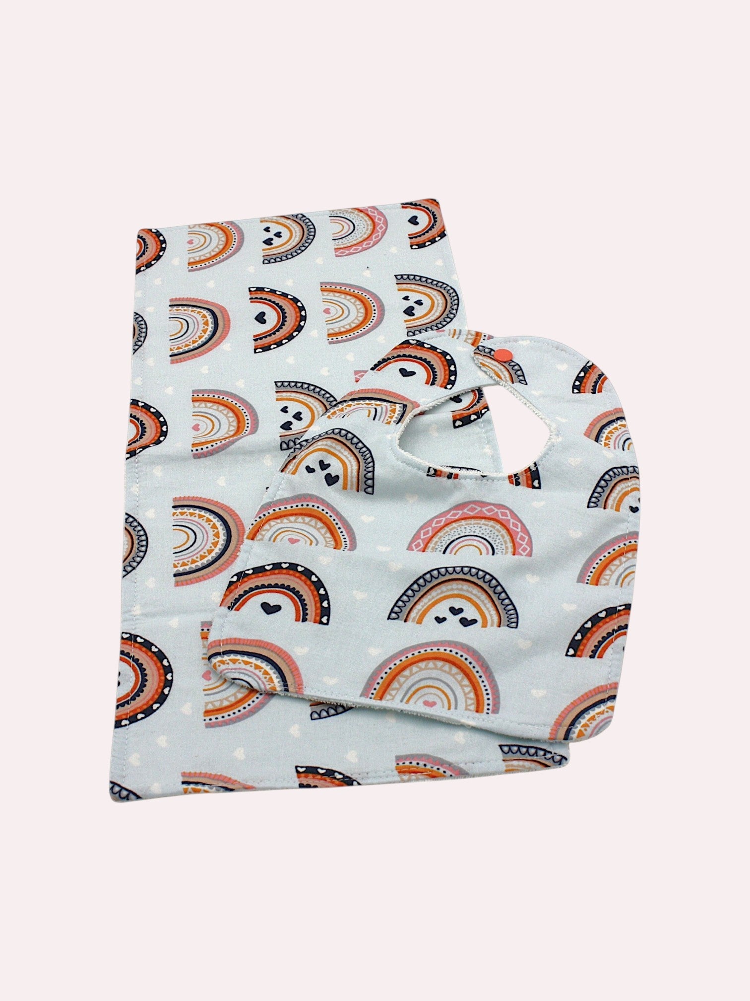 Bib & Burp Cloth Set — Blue Rainbows — outside
