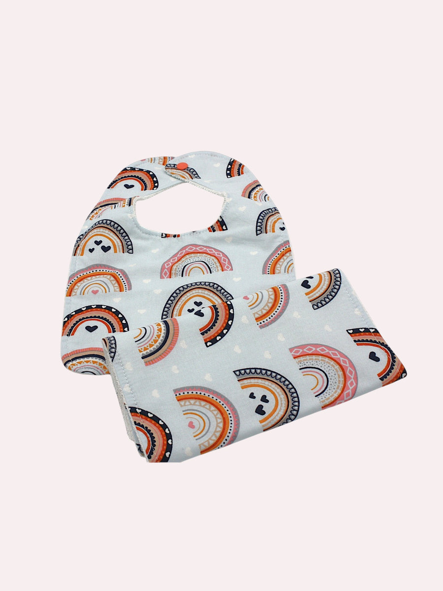 Bib & Burp Cloth Set — Blue Rainbows — outside