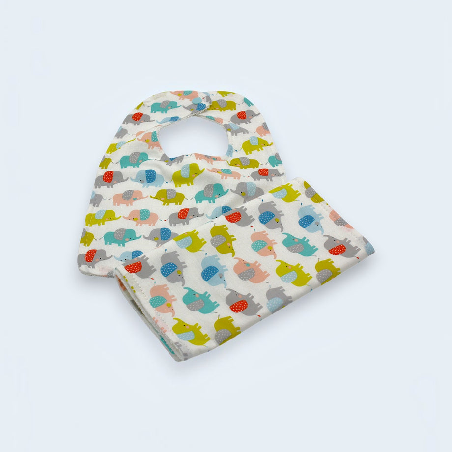 Bib & Burp Cloth Set — Colorful Elephants — outside
