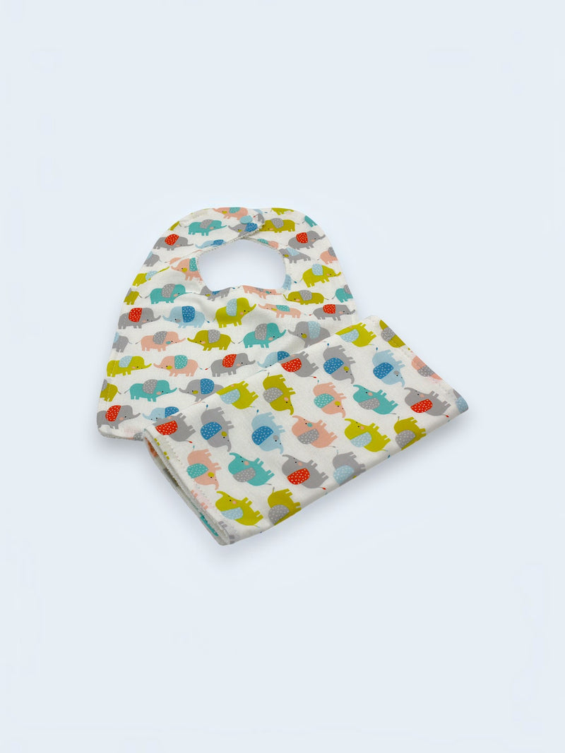 Bib & Burp Cloth Set — Colorful Elephants — outside