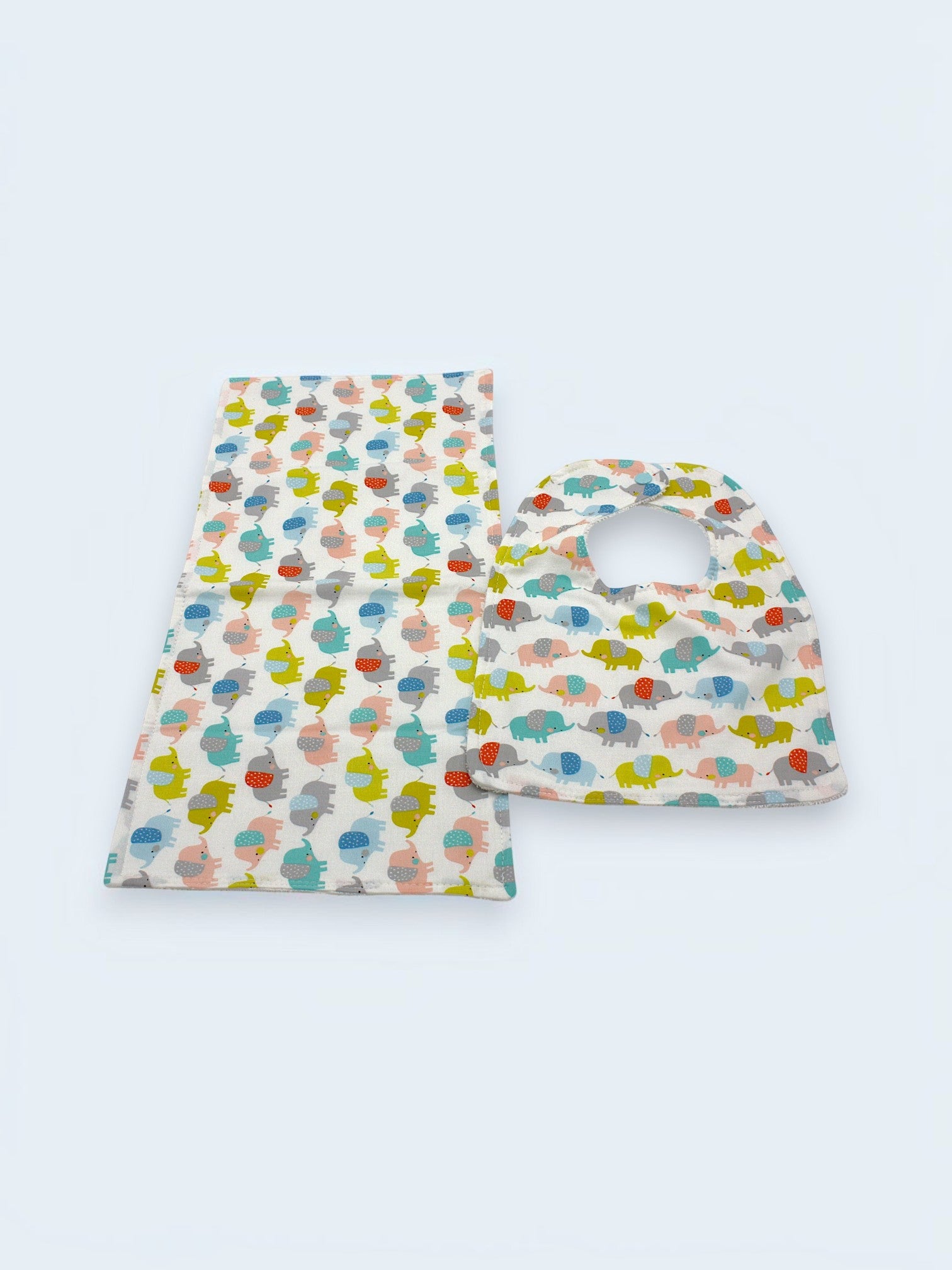 Bib & Burp Cloth Set — Colorful Elephants — outside
