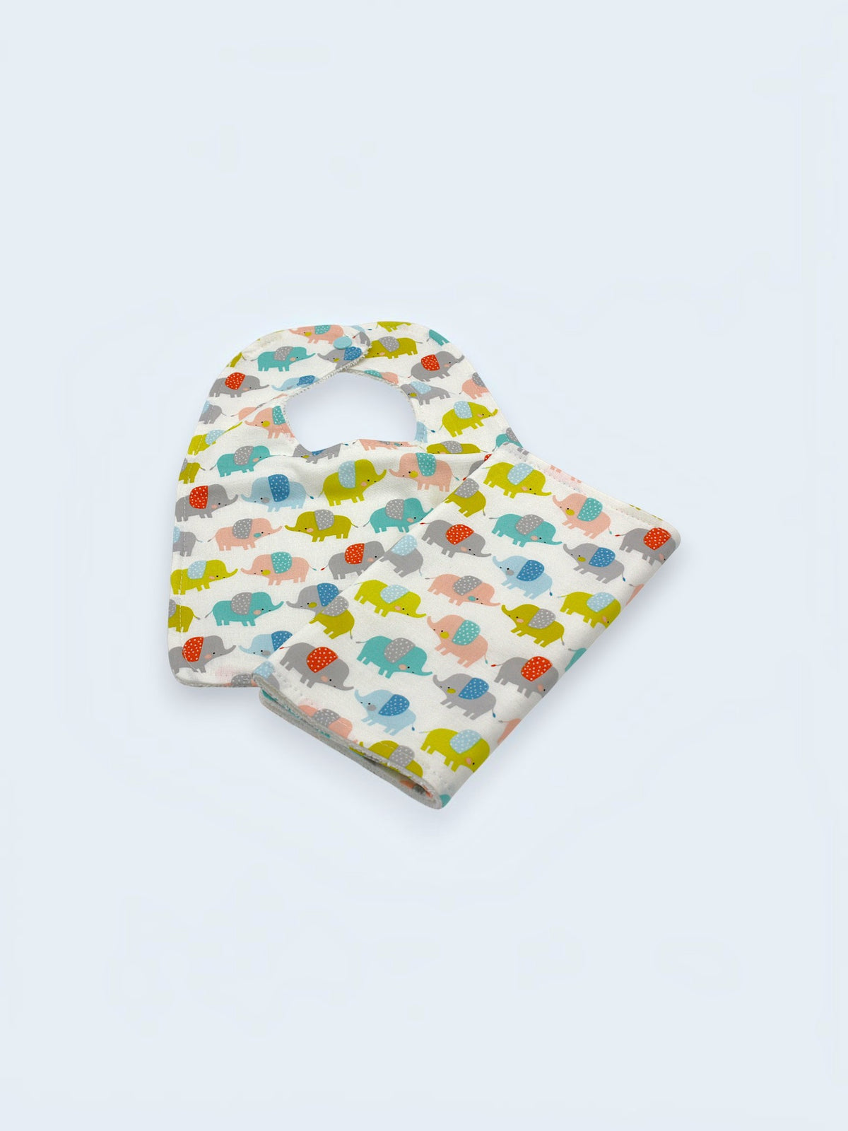 Bib & Burp Cloth Set — Colorful Elephants — outside