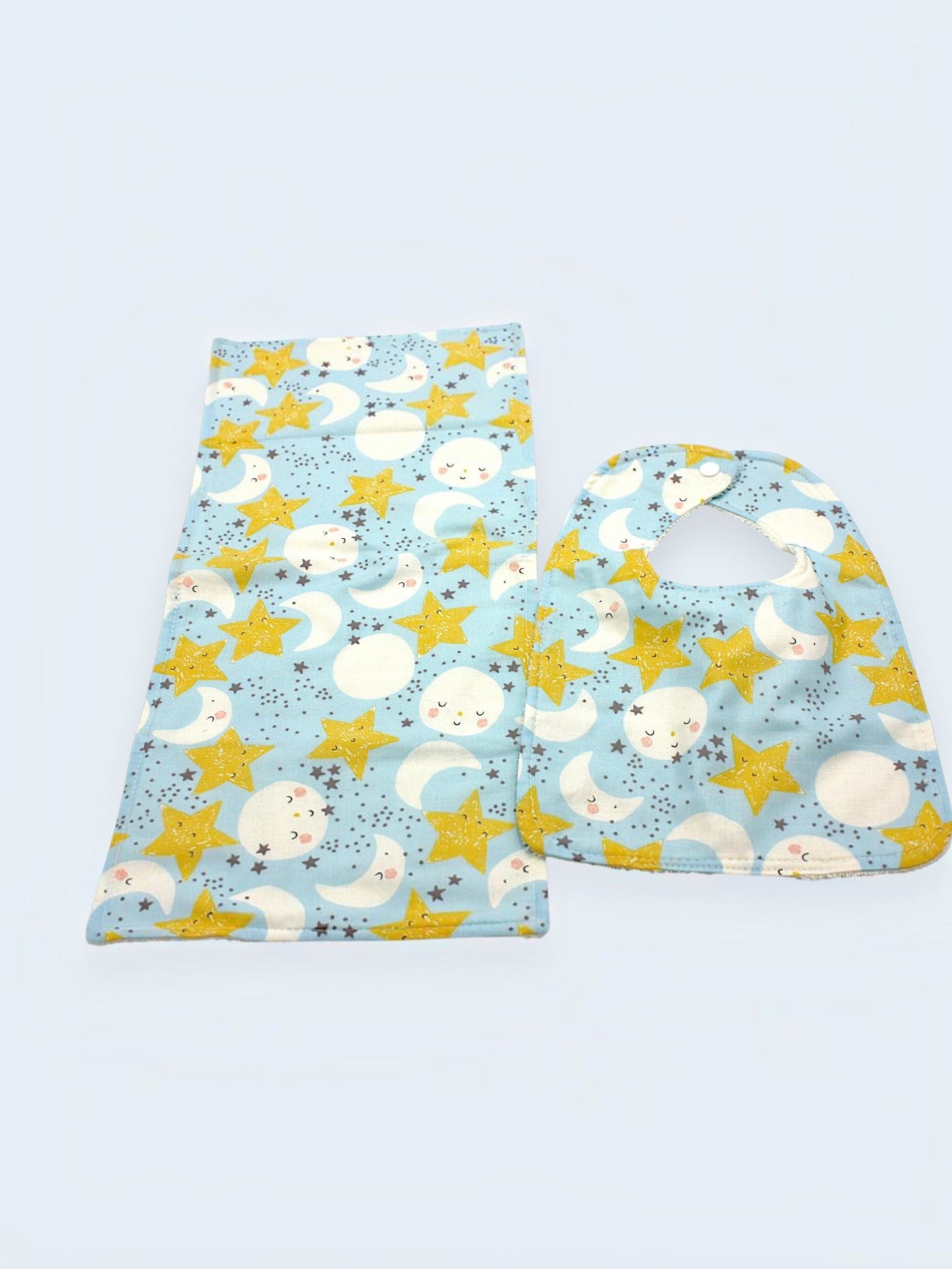 Bib & Burp Cloth Set — Moon & Stars Light Blue — outside