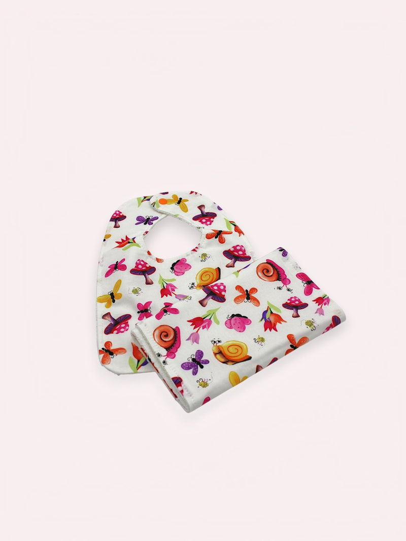Bib & Burp Cloth Set — Mushroom/Snails — outside