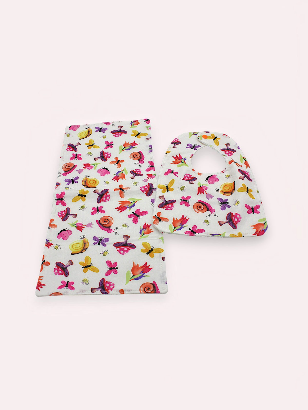Bib & Burp Cloth Set — Mushroom/Snails — outside