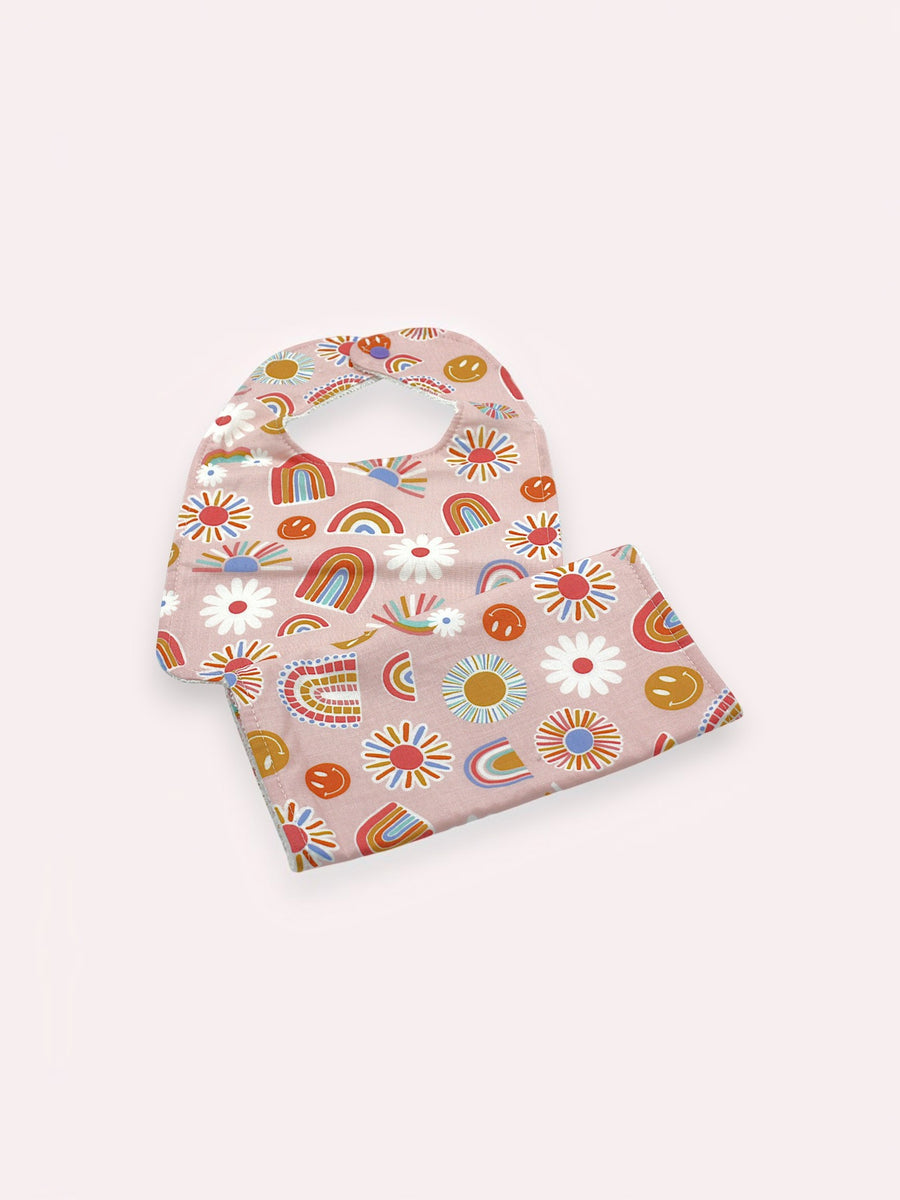 Bib & Burp Cloth Set — Pink Rainbows — outside