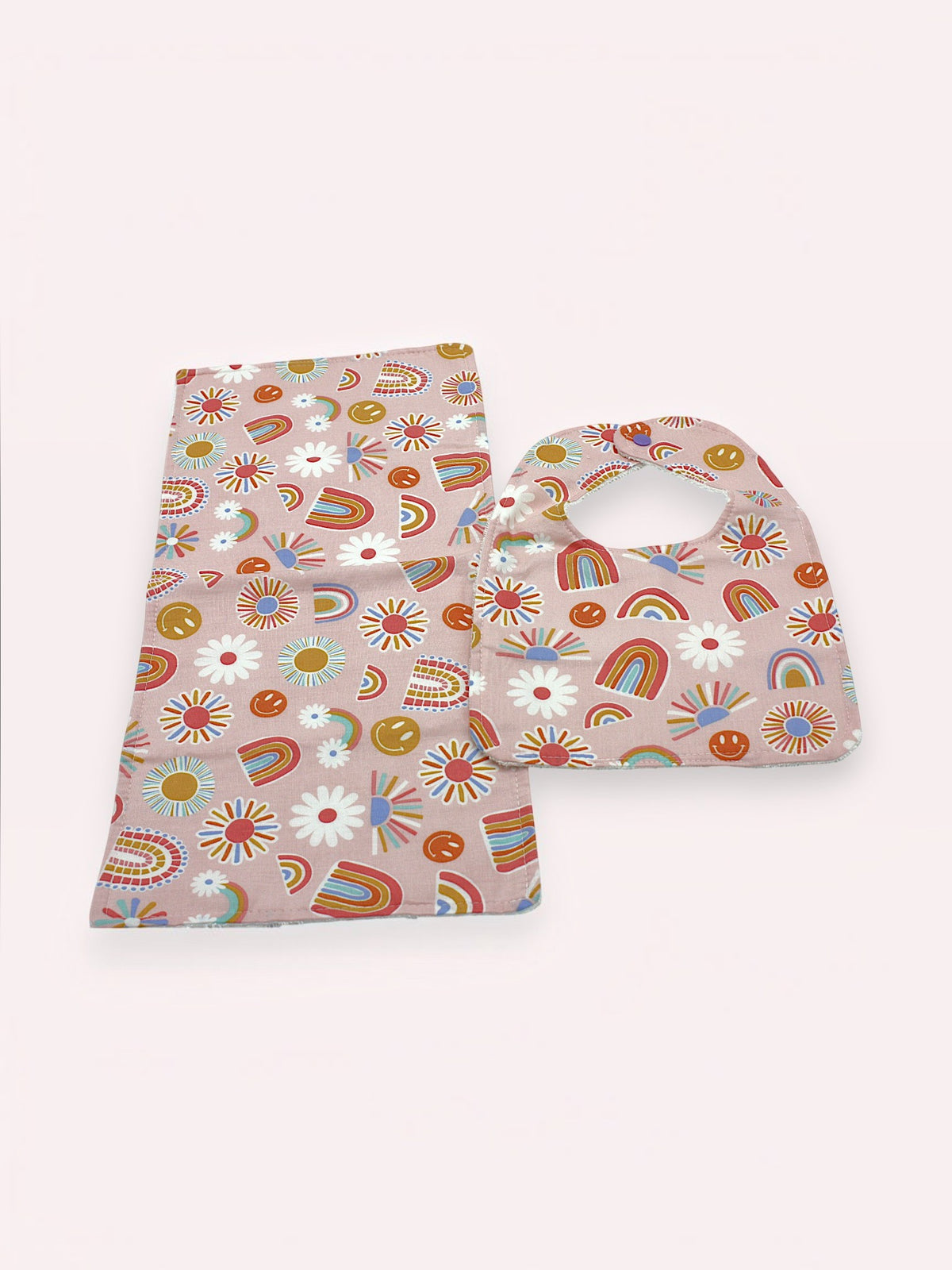 Bib & Burp Cloth Set — Pink Rainbows — outside
