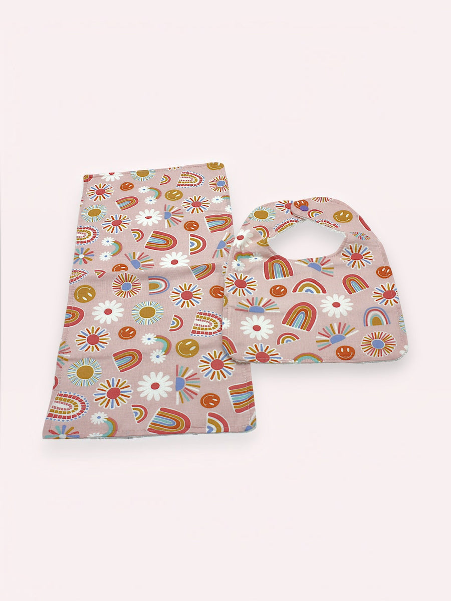 Bib & Burp Cloth Set — Pink Rainbows — outside