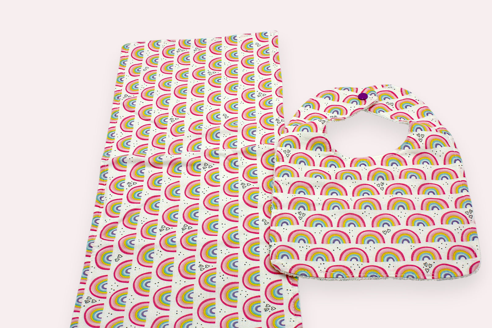 Bib & Burp Cloth Set — Small Rainbows — outside