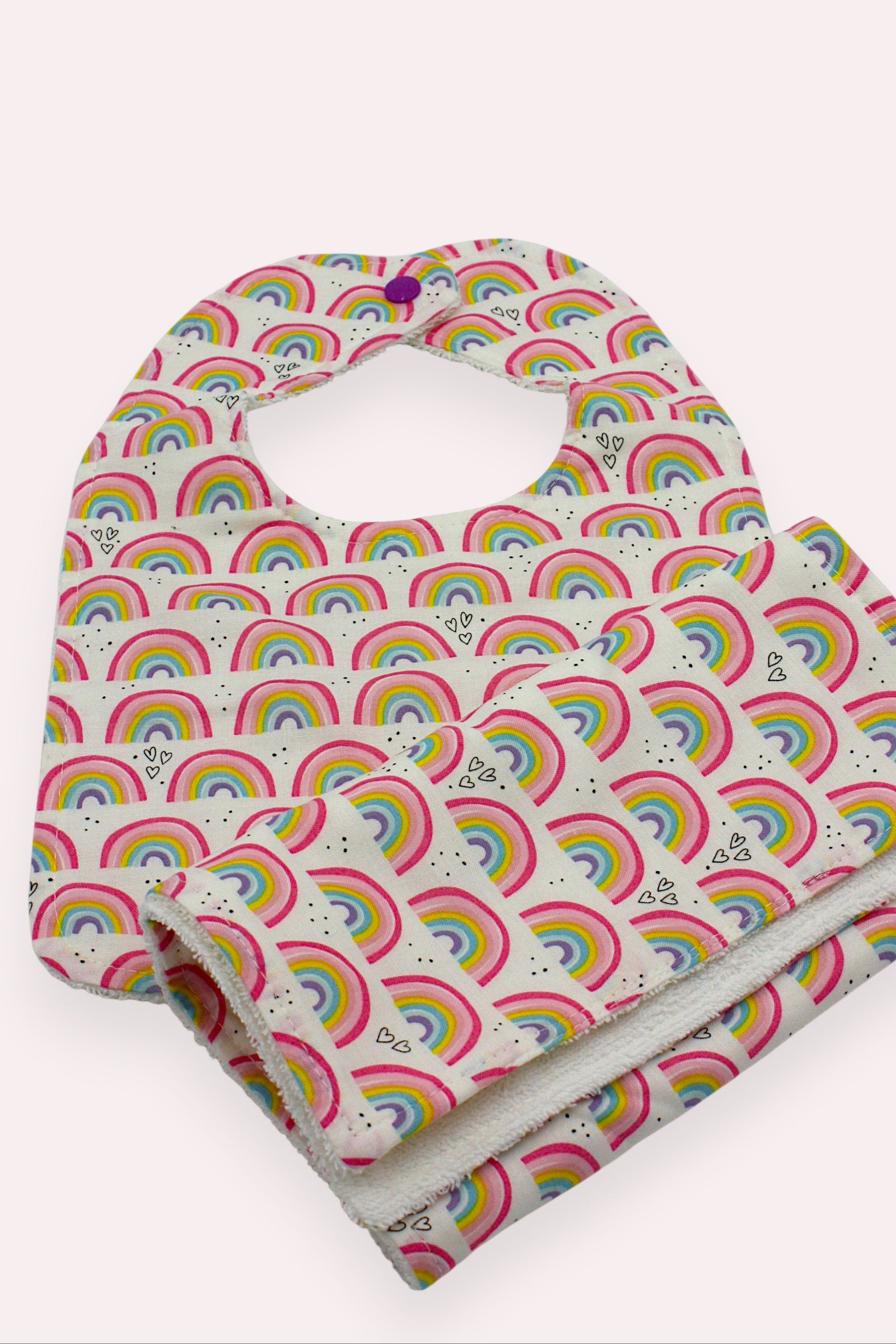 Bib & Burp Cloth Set — Small Rainbows — outside