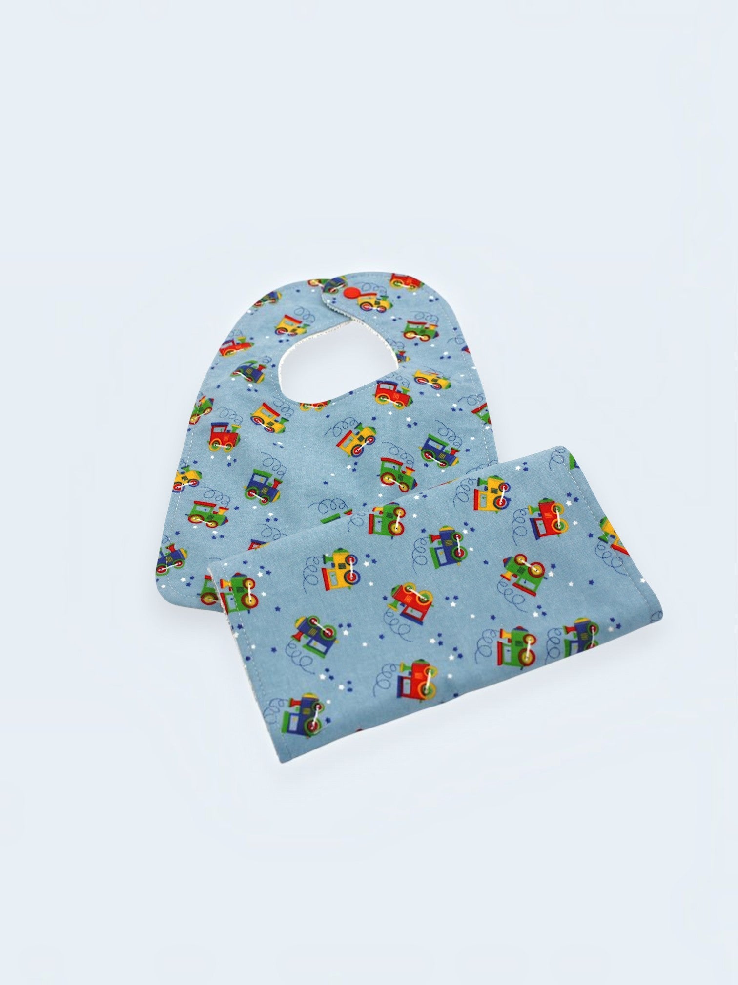 Bib & Burp Cloth Set — Trains (Flannel) — outside
