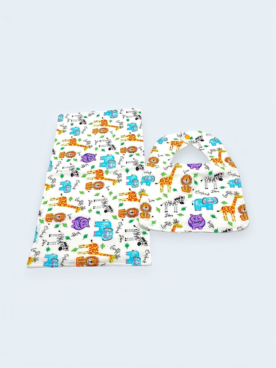 Bib & Burp Cloth Set — Zoo Multicolor — outside