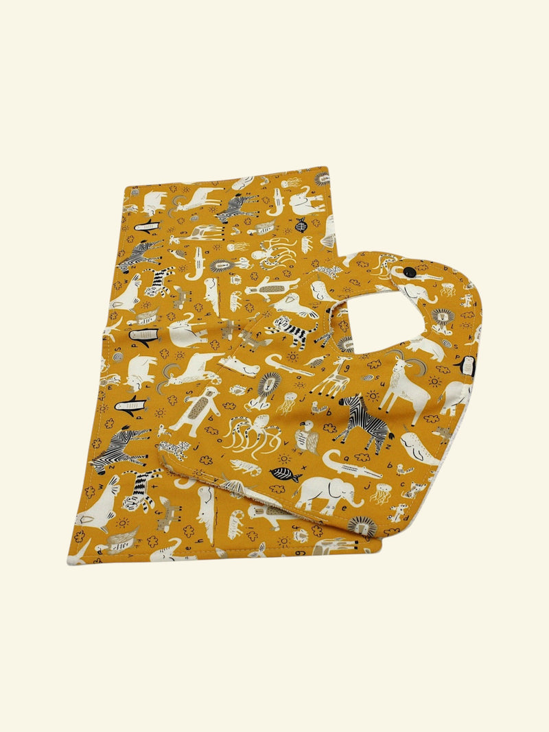 Bib & Burp Cloth Set — Zoo Mustard — outside
