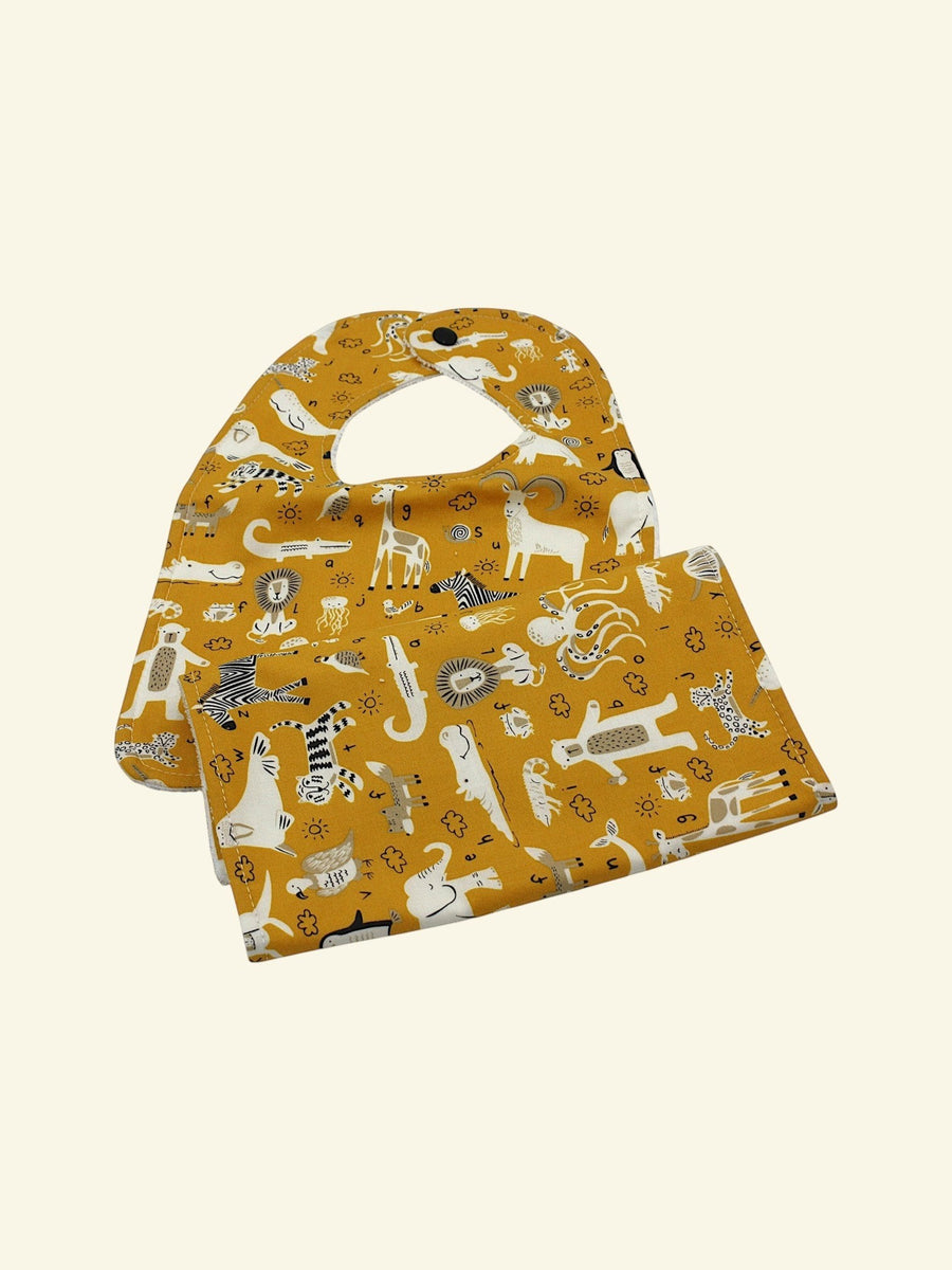 Bib & Burp Cloth Set — Zoo Mustard — outside