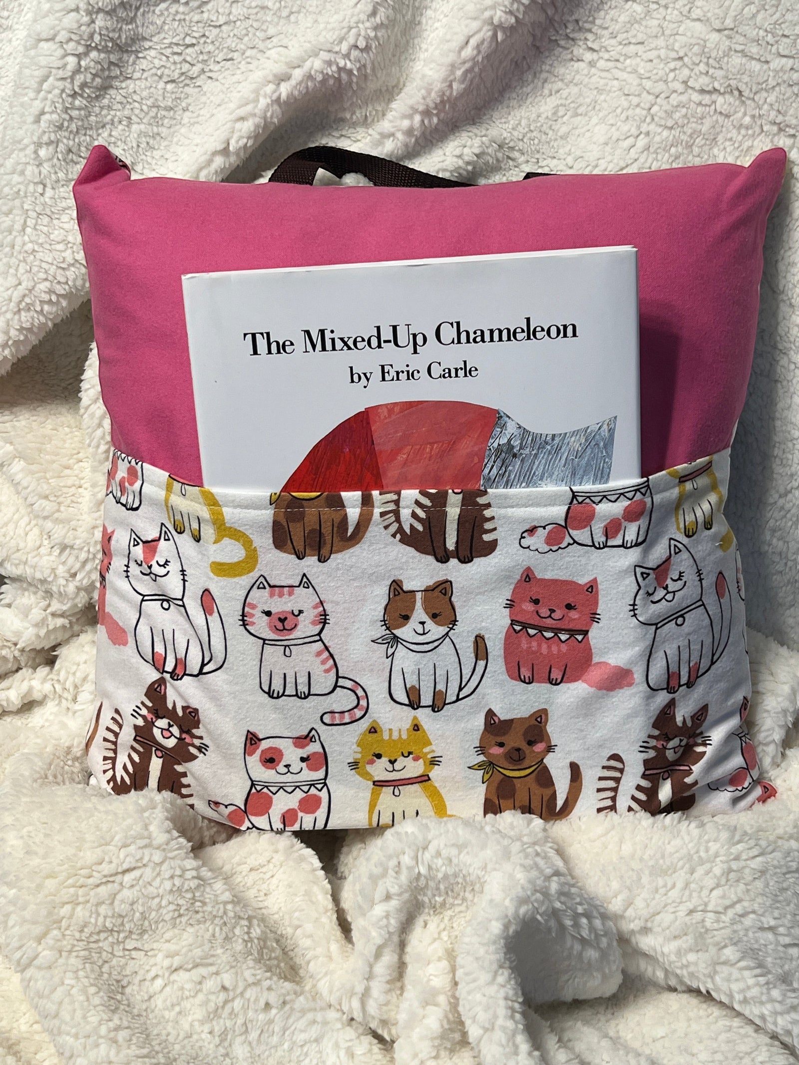 Cats with Pink book pillow, outside view — handmade by The Cozy Daisy