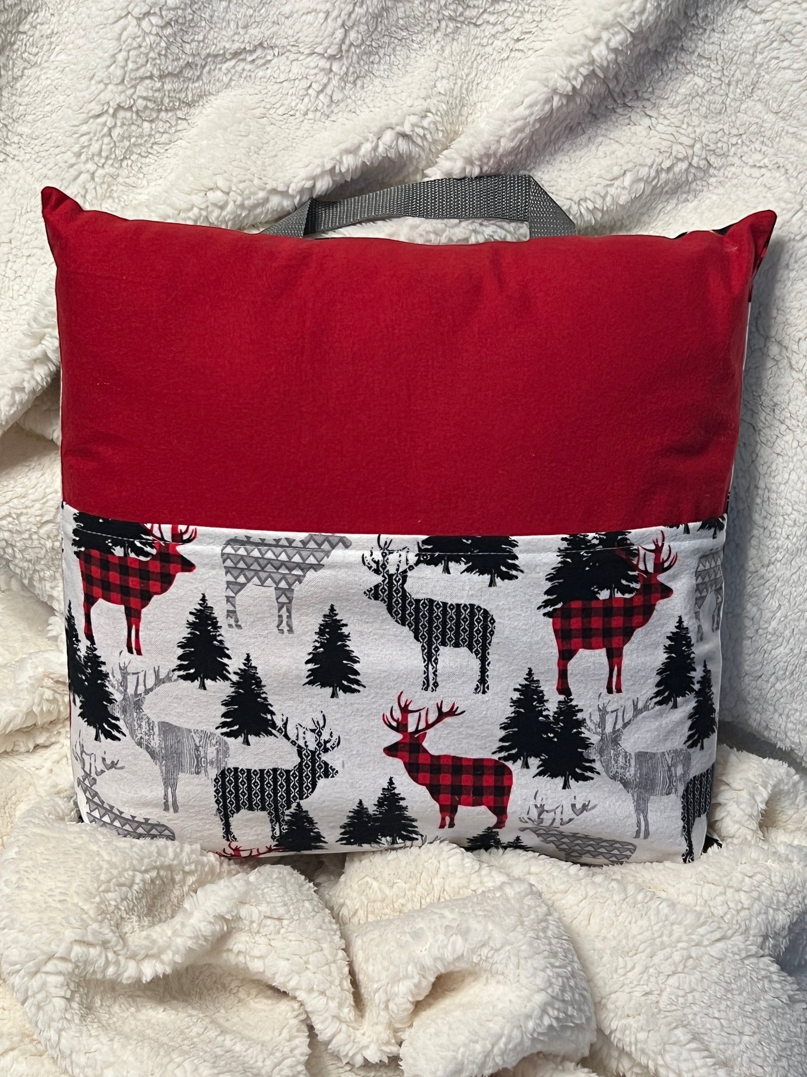 Deer with Red book pillow, outside view — handmade by The Cozy Daisy