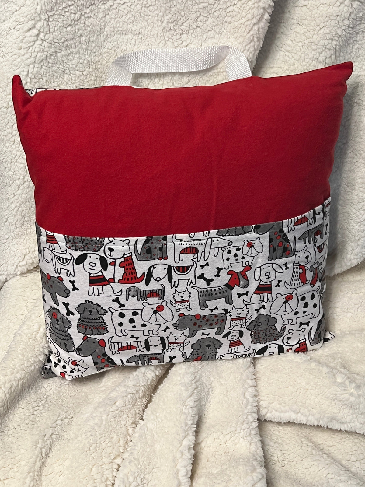 Red with Dogs book pillow, outside view — handmade by The Cozy Daisy