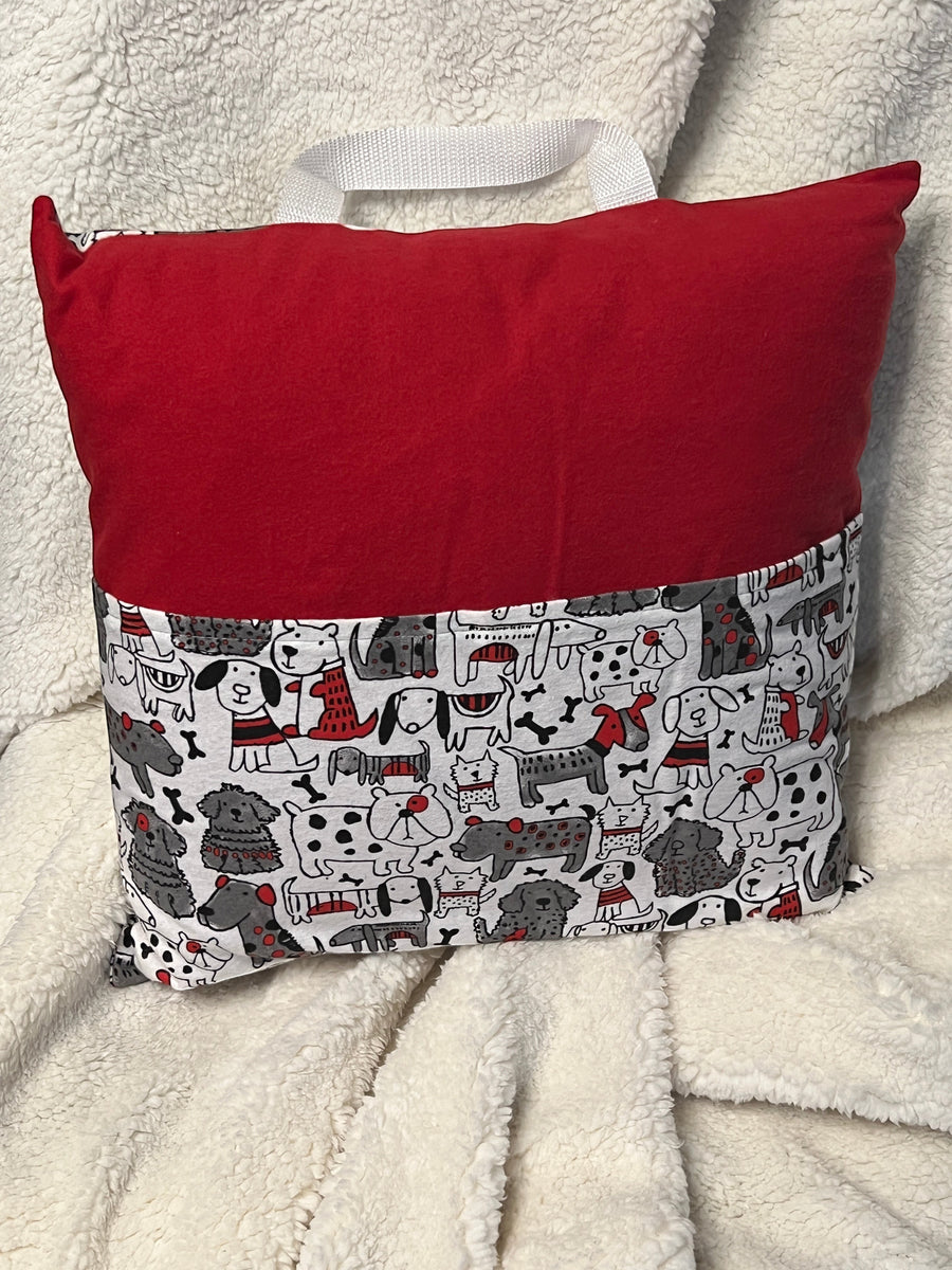 Red with Dogs book pillow, outside view — handmade by The Cozy Daisy