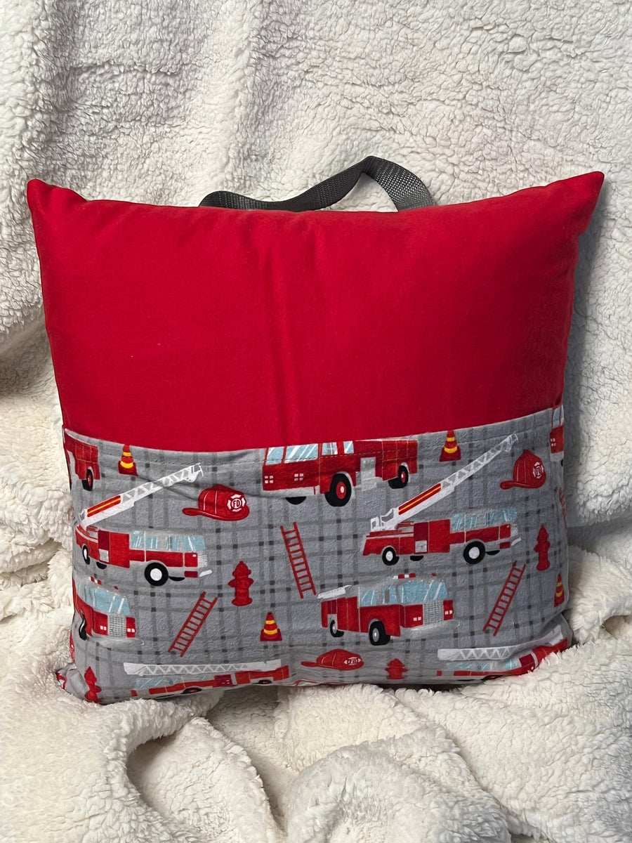 Fire Trucks with Red book pillow, outside view — handmade by The Cozy Daisy
