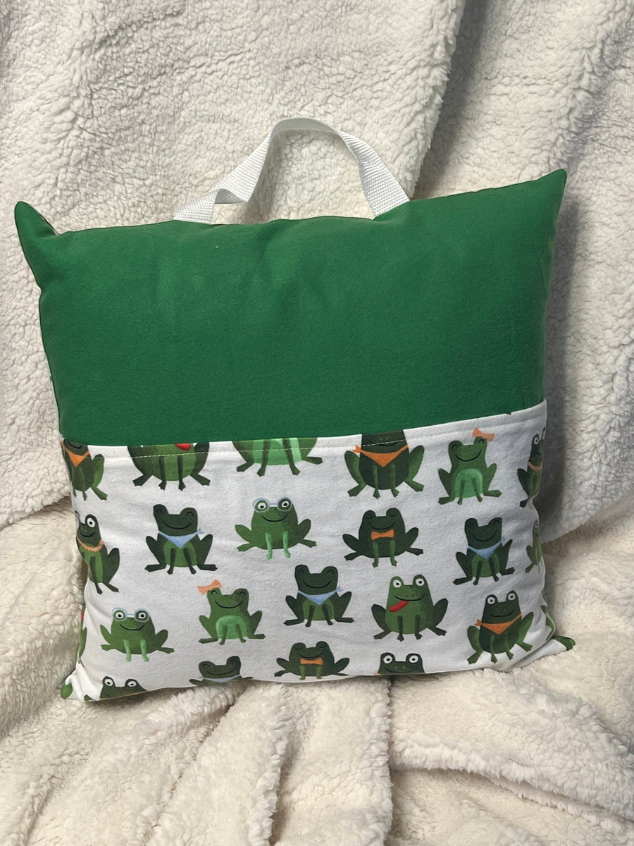 Frogs with Dark Green book pillow, outside view — handmade by The Cozy Daisy