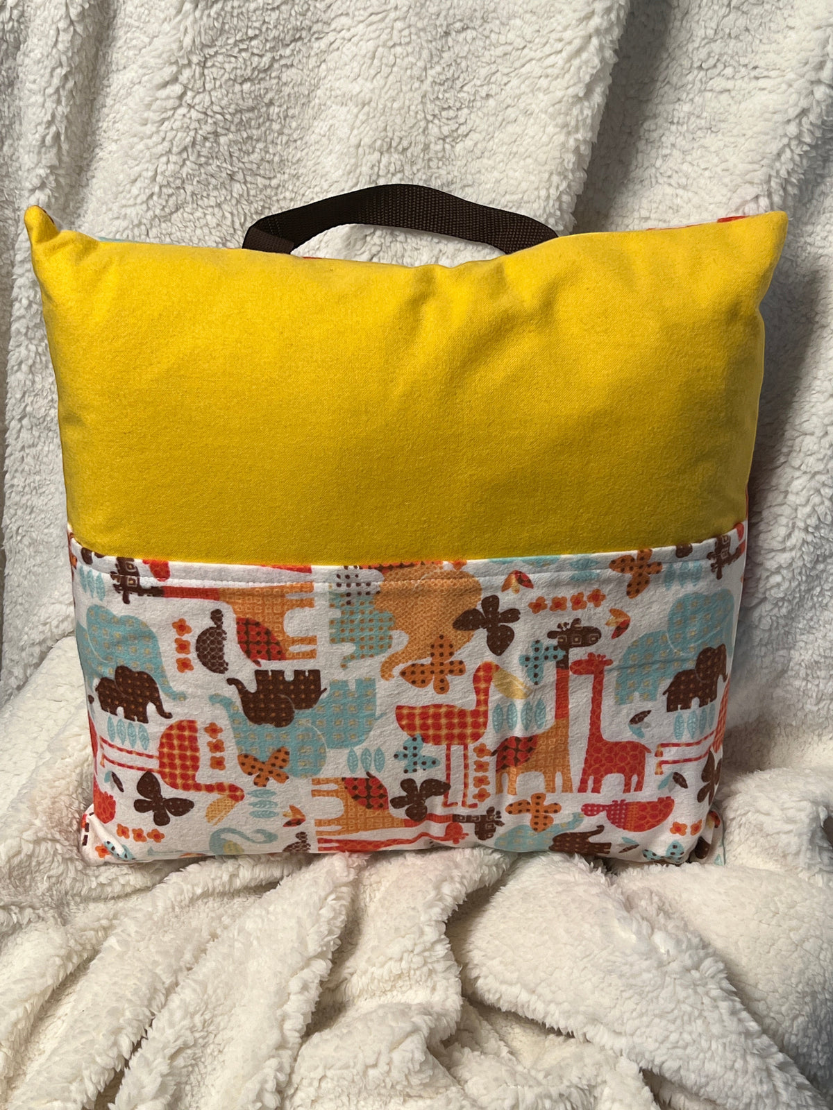 Colorful Zoo Gold book pillow, outside view — handmade by The Cozy Daisy