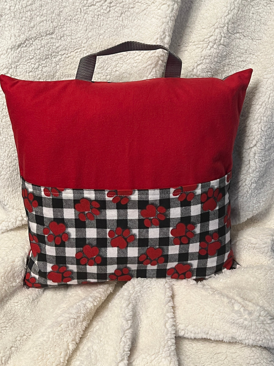 Red with Dog Pawprints book pillow, outside view — handmade by The Cozy Daisy