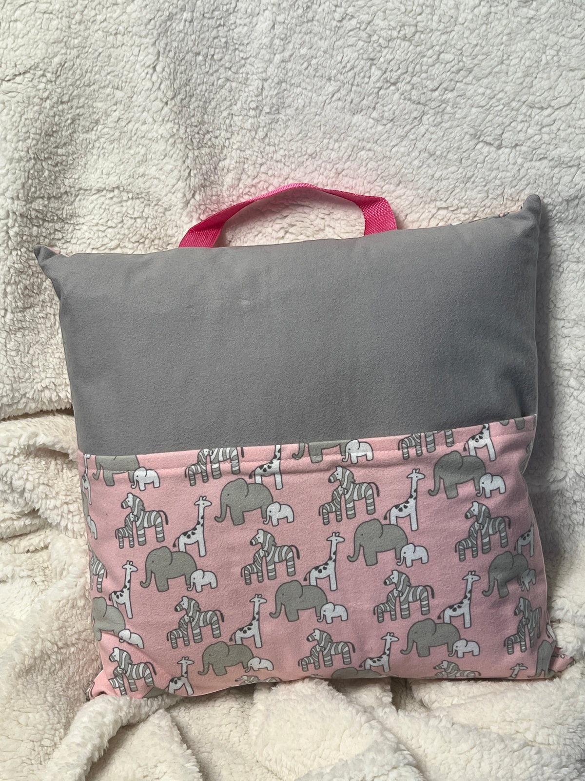 Pink Grey Zoo book pillow, outside view — handmade by The Cozy Daisy