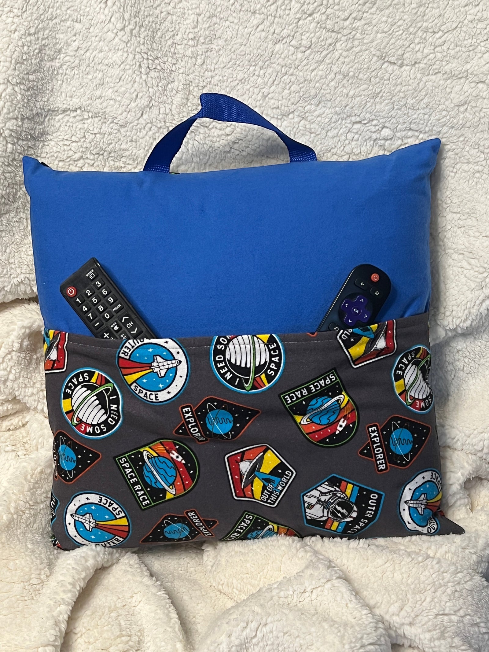 Space with Dk Blue book pillow, outside view — handmade by The Cozy Daisy