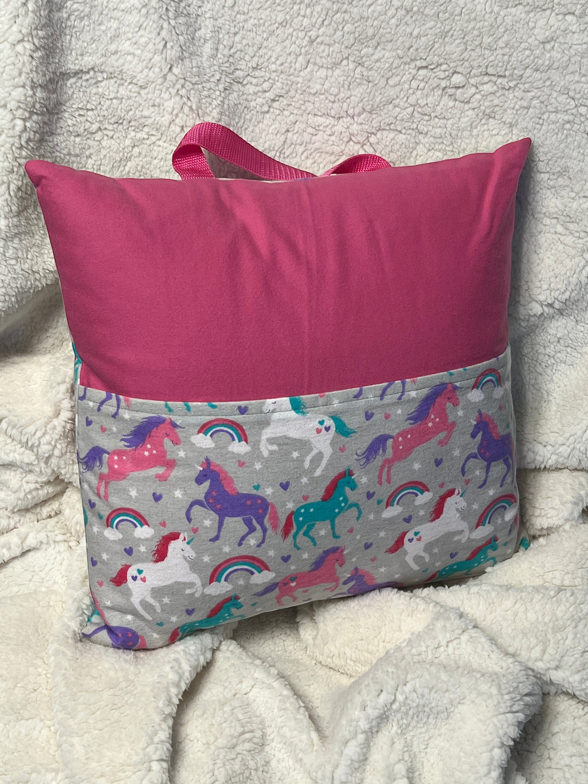 Unicorns with Pink book pillow, outside view — handmade by The Cozy Daisy